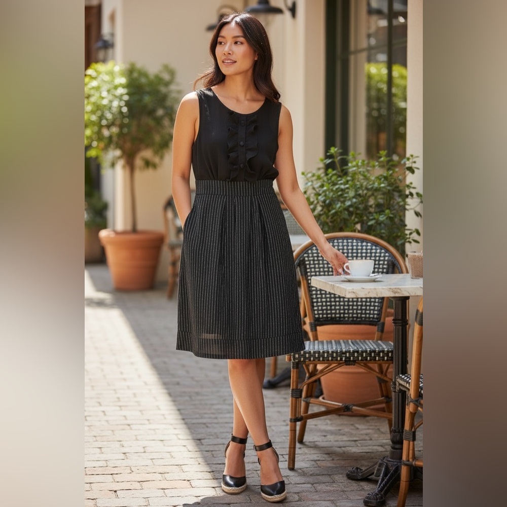 Rampage Black Pinstripe Ruffle Dress Size 3 Sleeveless Career Office‎